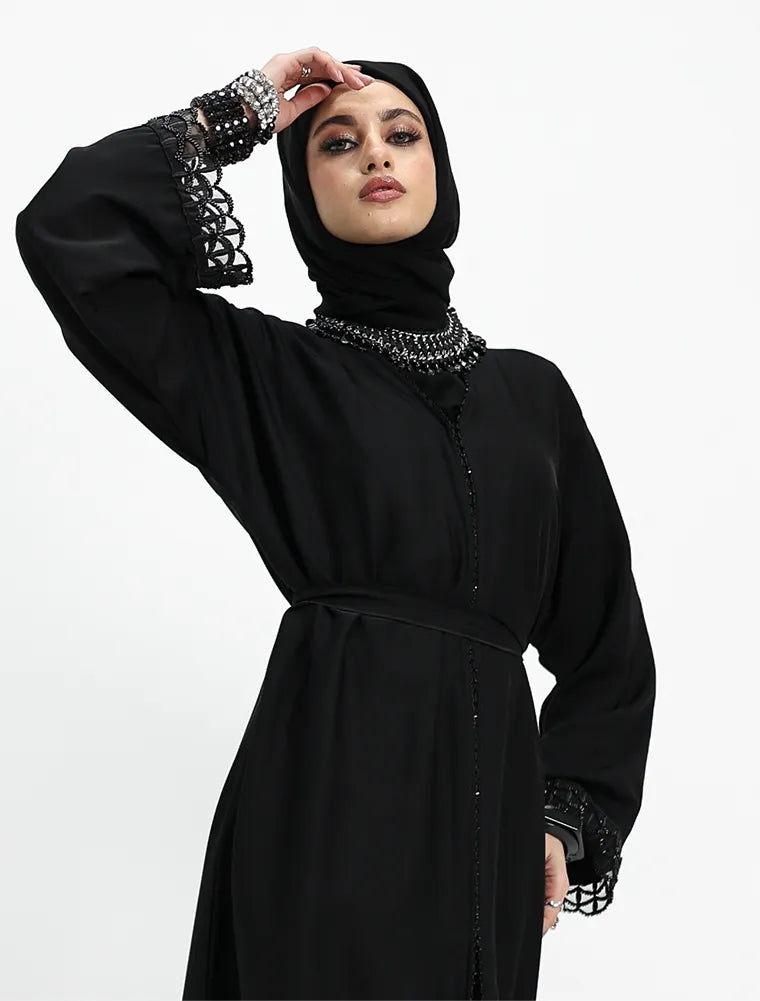 Embellished Luxury Buttoned Black Abaya (ZA569)