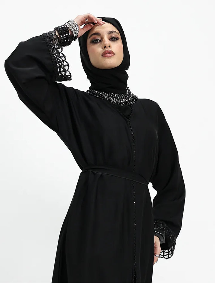 Embellished Luxury Buttoned Black Abaya (ZA569)