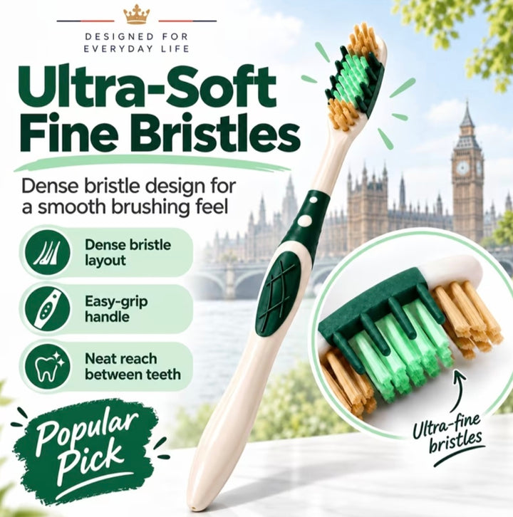 An ultra-soft fine bristle toothbrush with a cream handle and green-and-white bristles, shown on a light background with a blurred London scene and promotional text highlighting dense bristle layout, easy grip, and neat reach between teeth.