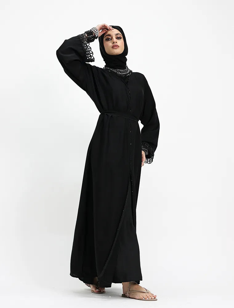 Embellished Luxury Buttoned Black Abaya (ZA569)