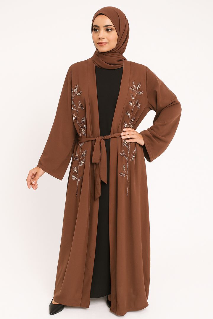 Floral Beaded Open Dress Abaya One Size