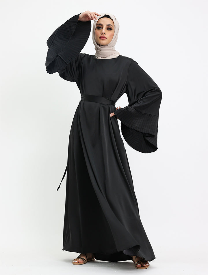 Black Pleat Cuffs Satin Abaya