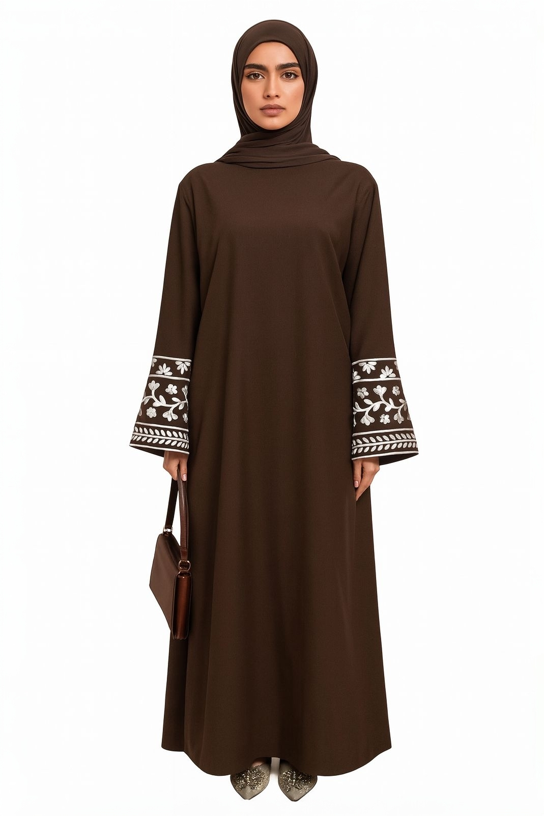 Embroidered Ornate Sleeve Open Abaya Brown