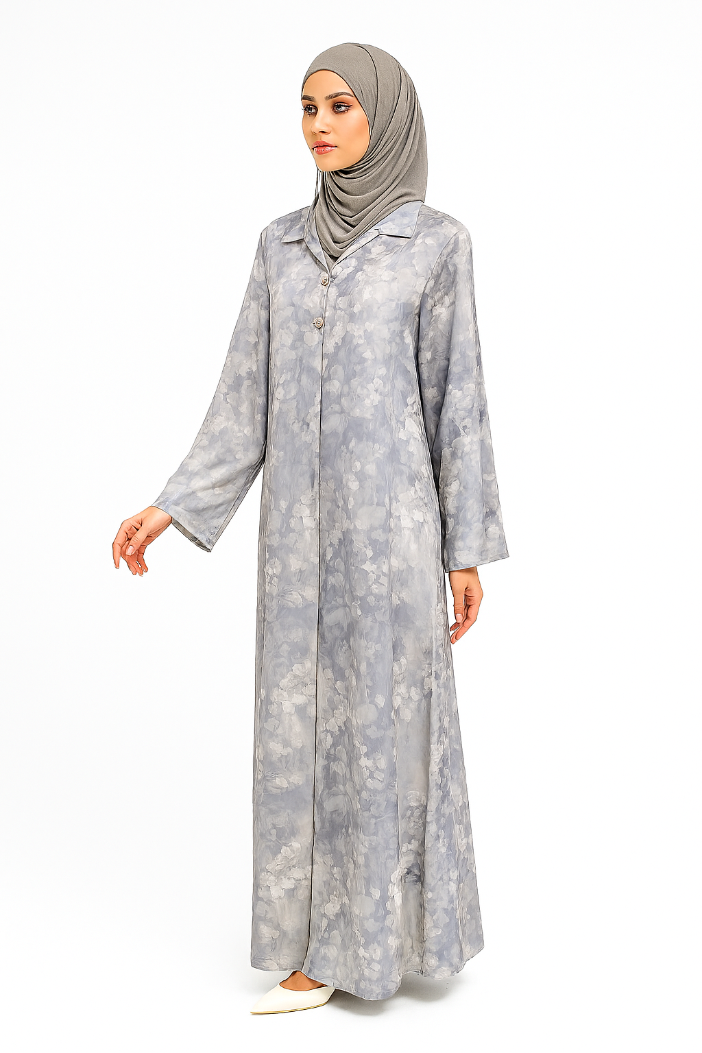 Floral Printed Collared Abaya Dress One Size
