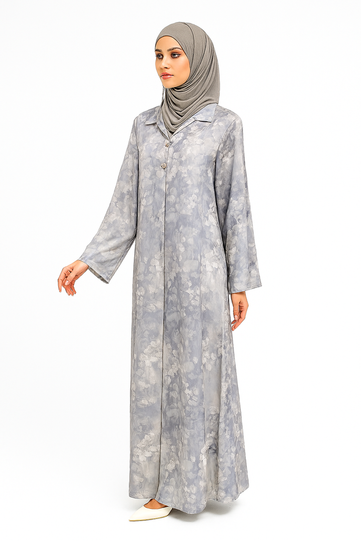 Floral Printed Collared Abaya Dress One Size