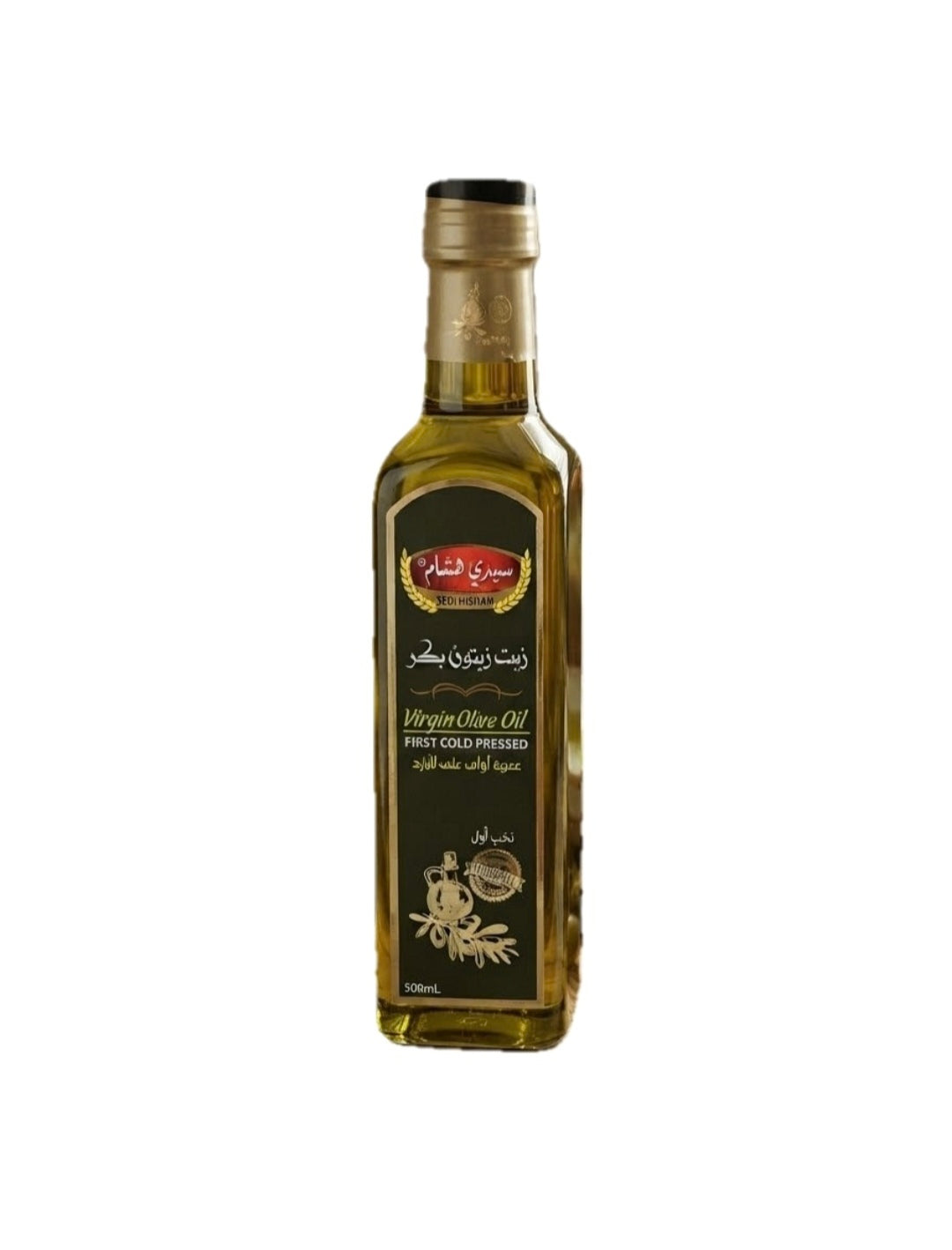 Virgin Olive Oil - First Cold Pressed 500ml A bottle of virgin olive oil with a black label and gold cap, shown against a plain white background.