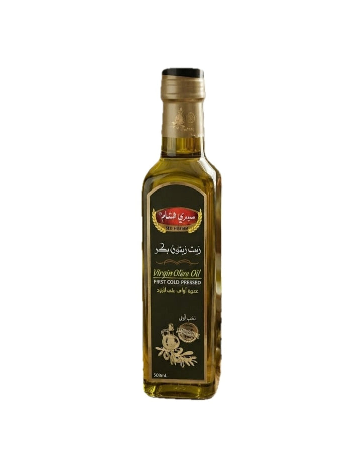 Virgin Olive Oil - First Cold Pressed 500ml A bottle of virgin olive oil with a black label and gold cap, shown against a plain white background.
