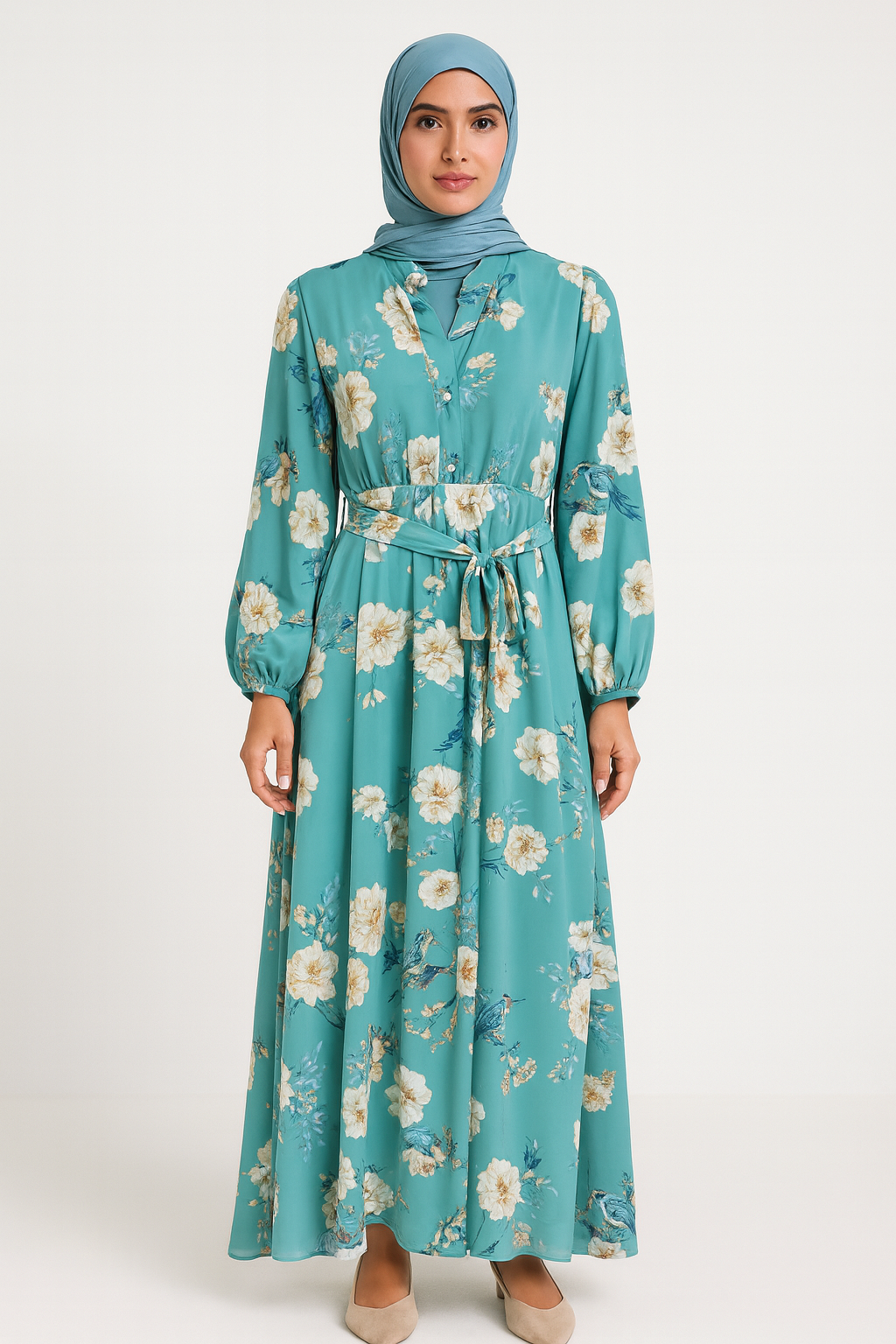 Floral Printed High Waist Collared Dress with Cuff
