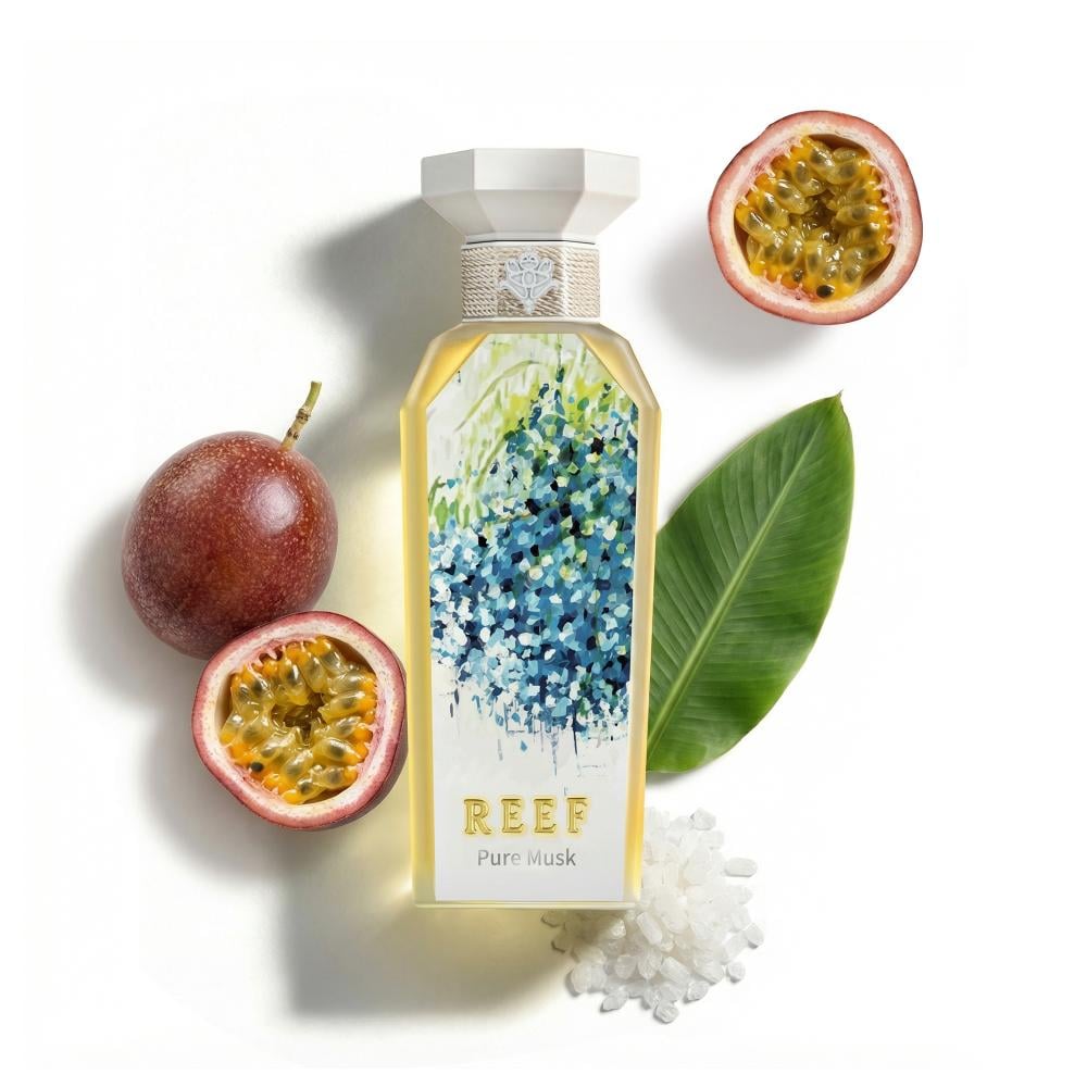 Bath product packaging with passiflora and green leaf on a white background