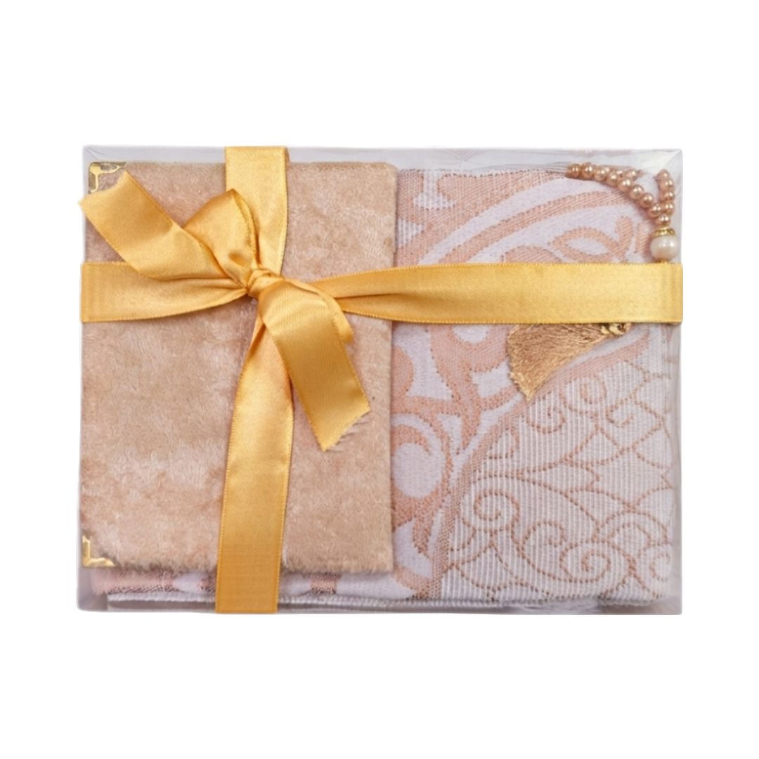 Prayer Mat with Surah Booklet & Tasbih Gift Set - Gold/White