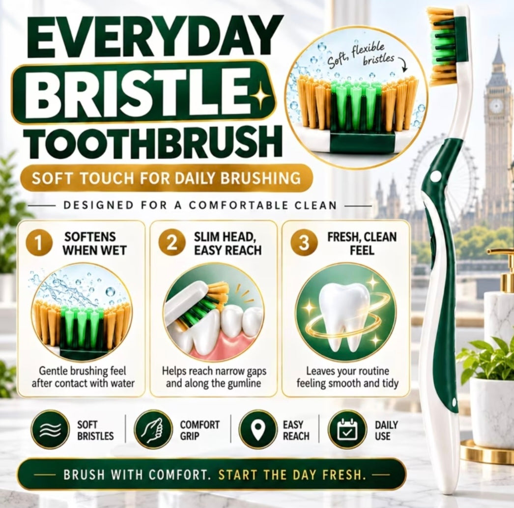 A toothbrush with a white handle and green-and-white bristles is shown prominently on a clean, light marble-like background with a blurred London scene behind it. Large text reads 'EVERYDAY BRISTLE TOOTHBRUSH' and includes feature callouts like 'Soft Touch for Daily Brushing,' 'Soft bristles,' 'Comfort grip,' and 'Easy reach.