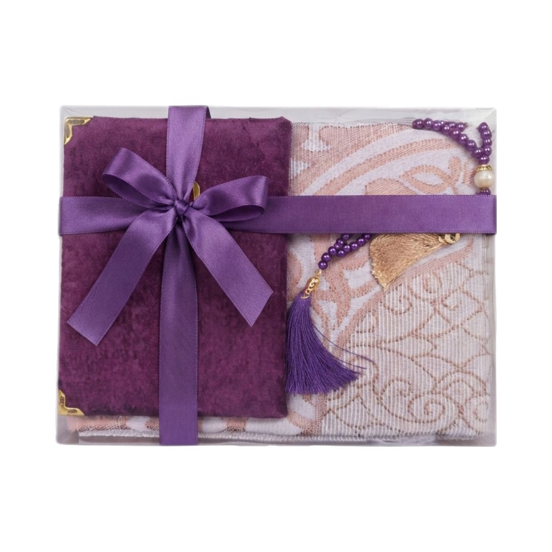 Prayer Mat with Surah Booklet & Tasbih Gift Set - Purple
