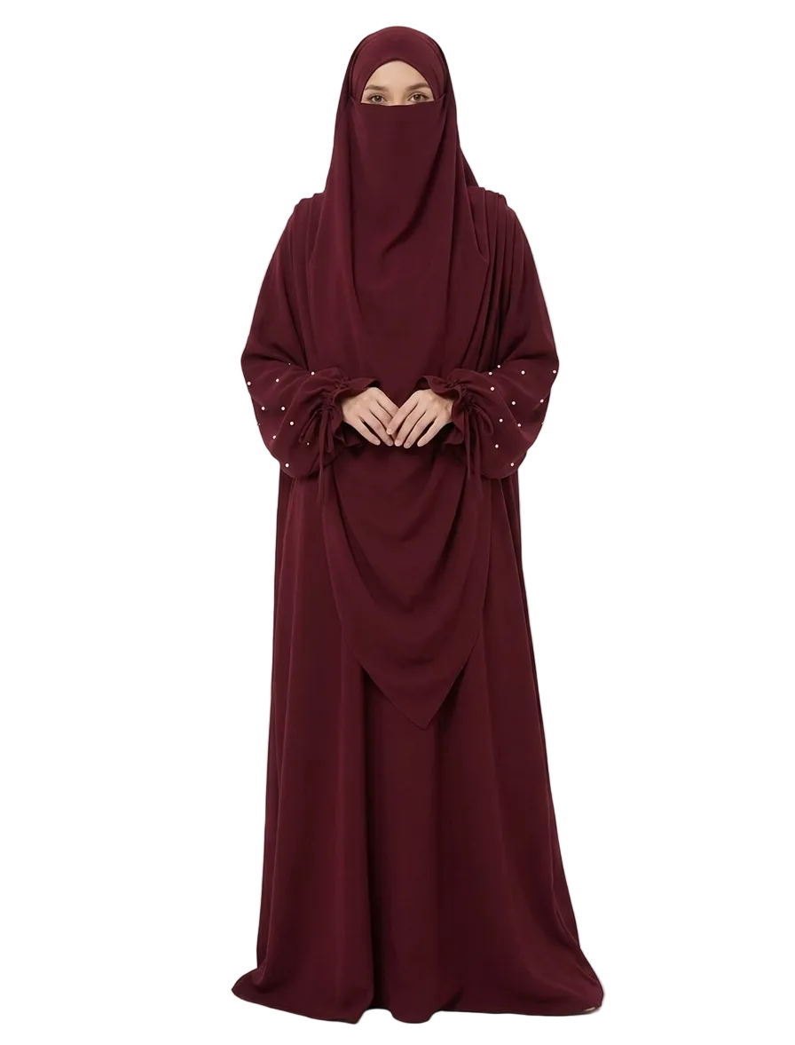Pearl 2 Piece Khimar Burgundy Abaya - One Size