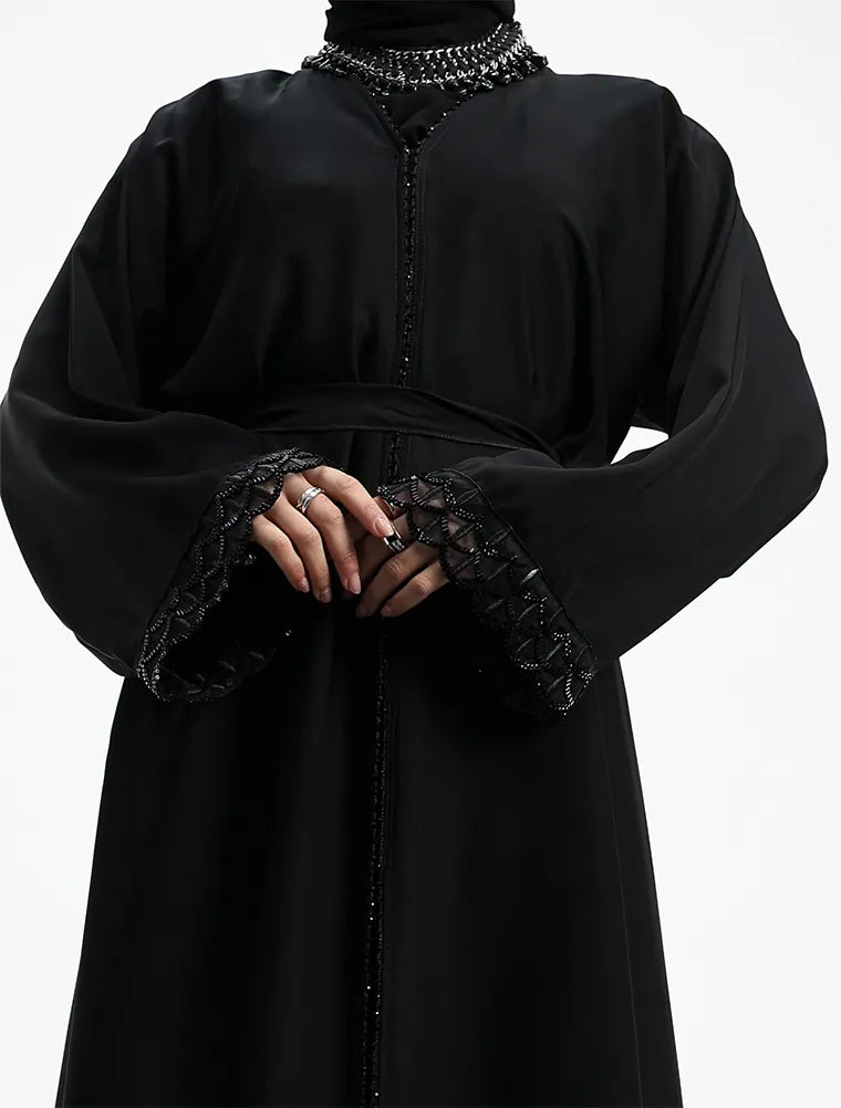Embellished Luxury Buttoned Black Abaya (ZA569)