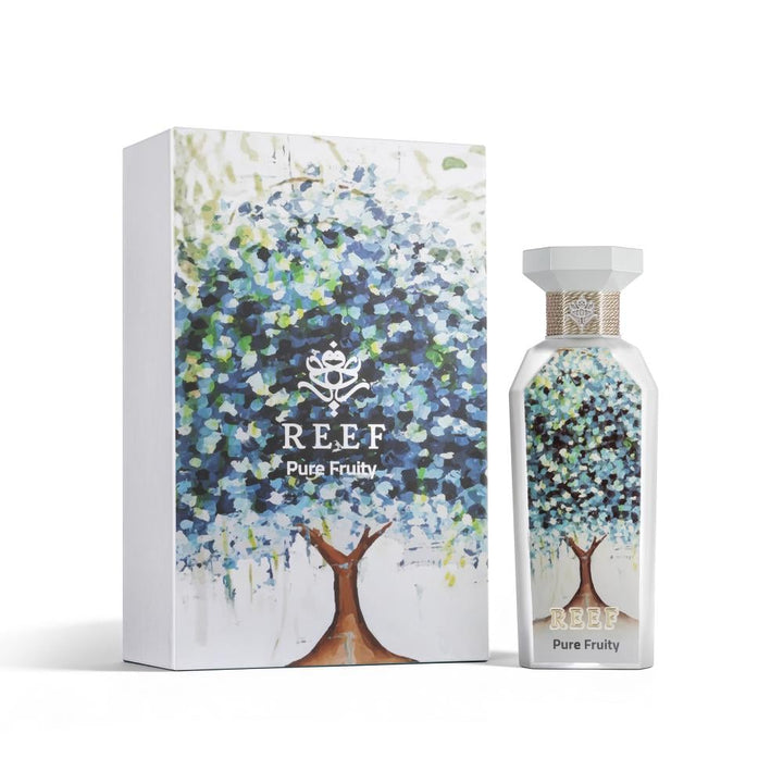 REEF Pure Fruity perfume bottle and packaging with tree design on a white background
