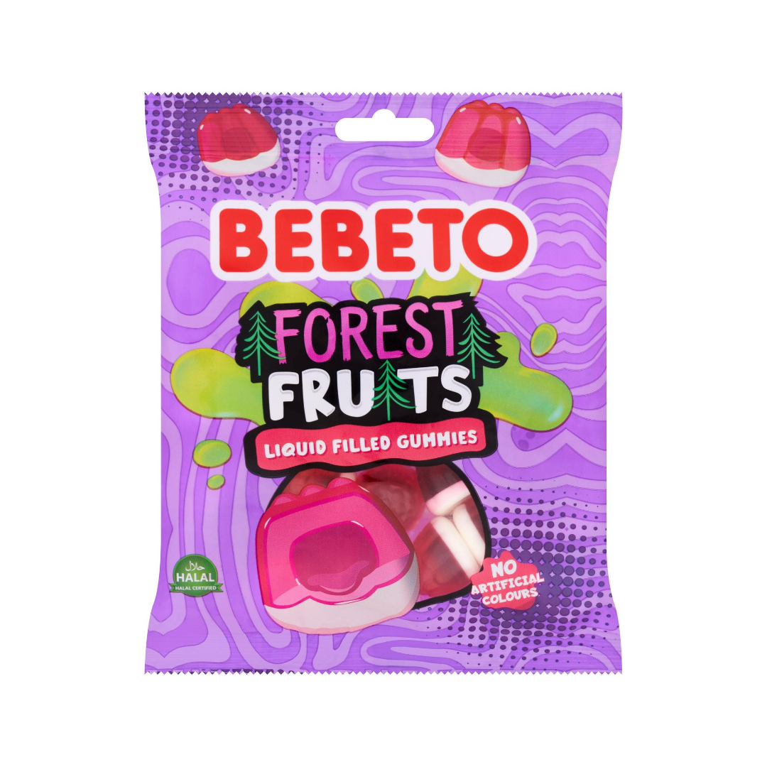 Bebeto Forest Fruits liquid filled gummies packaging on a white background