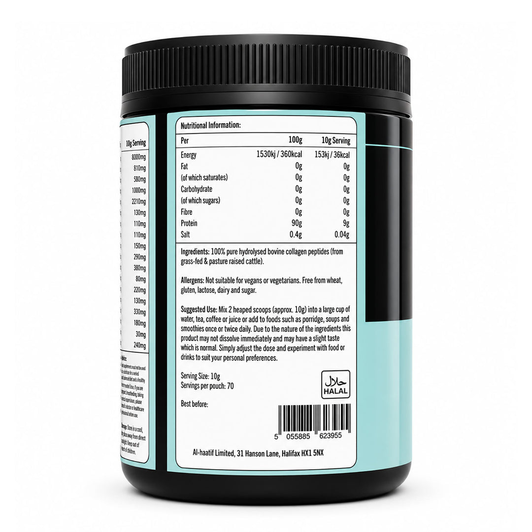 Back view of a supplement container with nutritional information and labels.