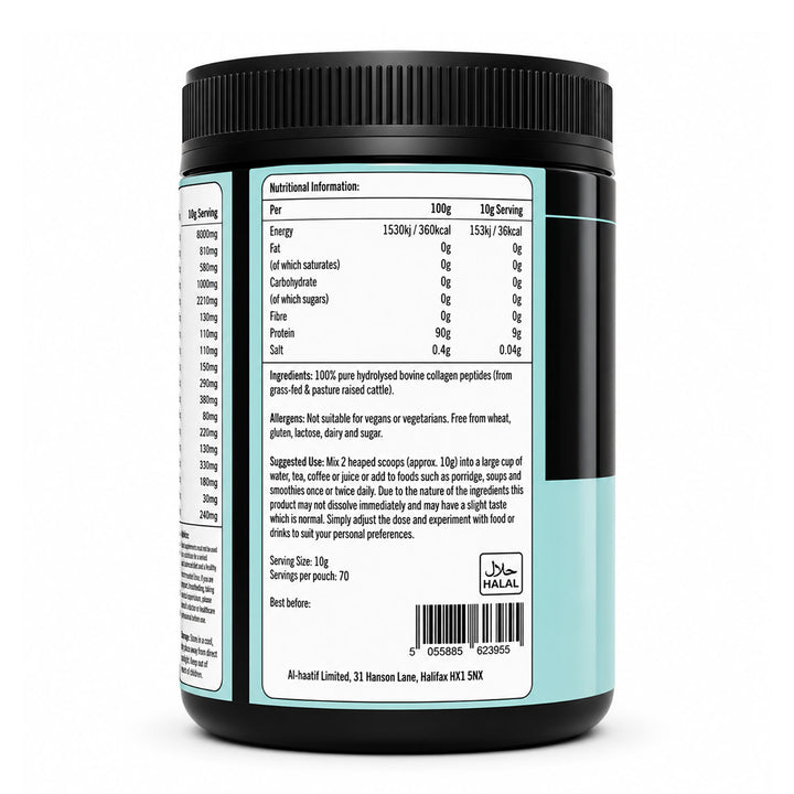 Back view of a supplement container with nutritional information and labels.