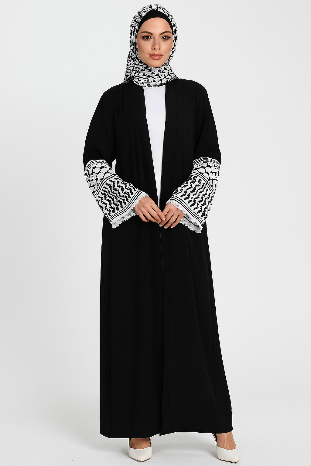 Keffiyeh Sleeve Open Abaya Black One Size