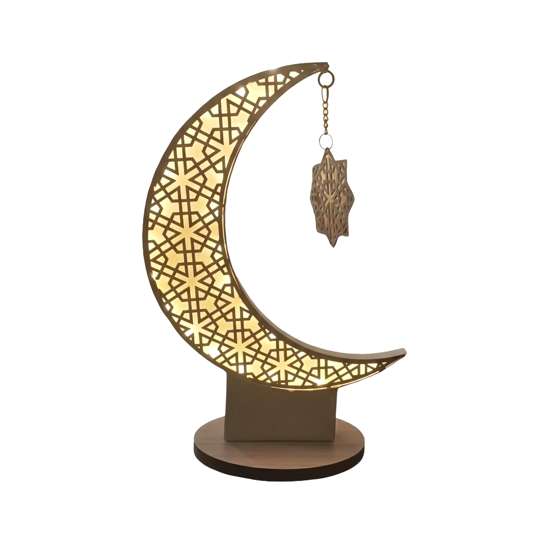 Metal Crescent Moon Light up Ornament on Wooden Stand (71x61cm)