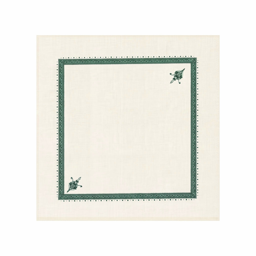 A square cream linen napkin with a dark green decorative border and small floral corner accents, shown flat against a white background.