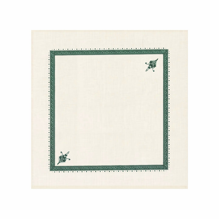A square cream linen napkin with a dark green decorative border and small floral corner accents, shown flat against a white background.