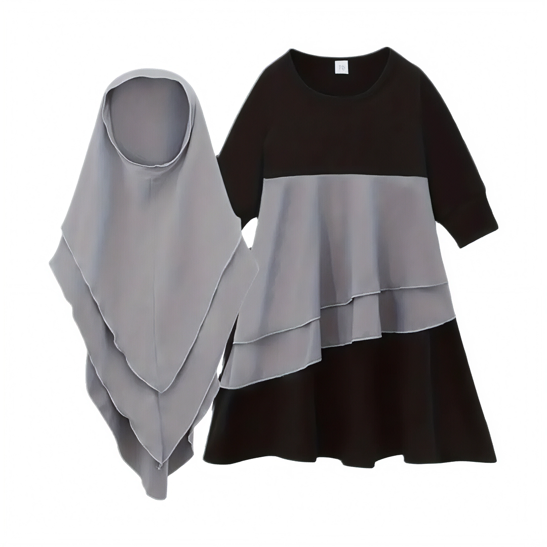 Kids 2 piece Black & Grey Khimar Set