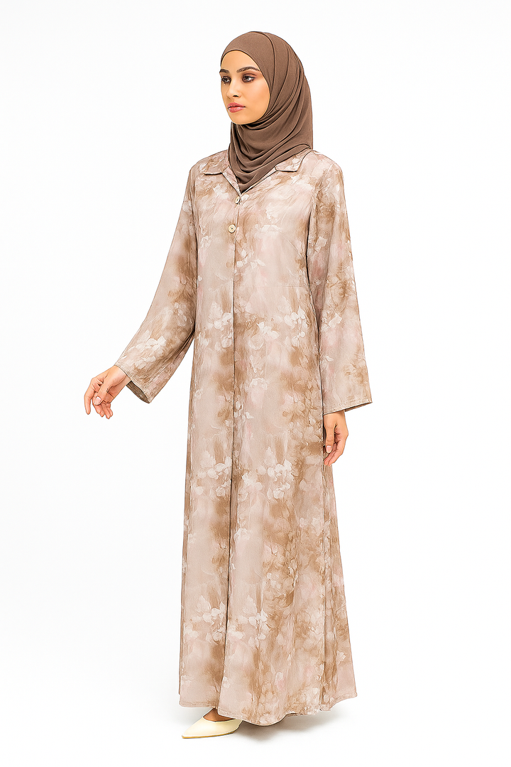 Floral Printed Collared Abaya Dress One Size