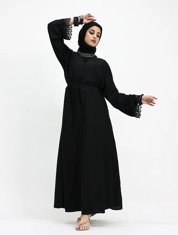 Embellished Luxury Buttoned Black Abaya (ZA569)