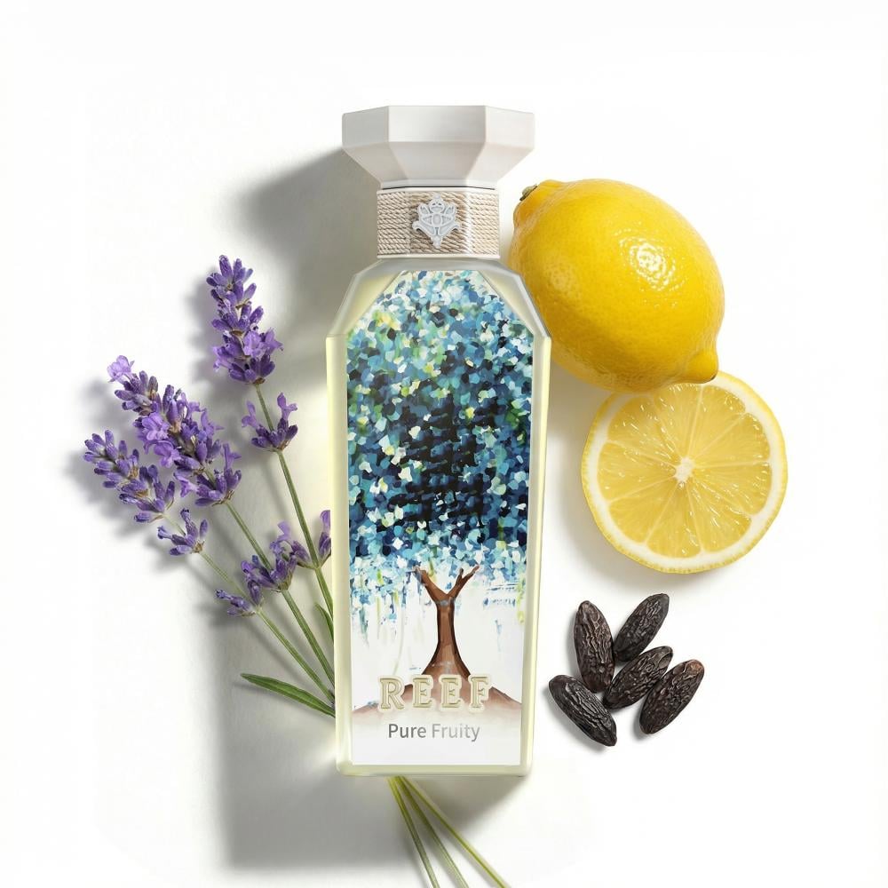 Bottle of 'Pure Fruity' body wash with lavender, lemons, and dark berries on a white background