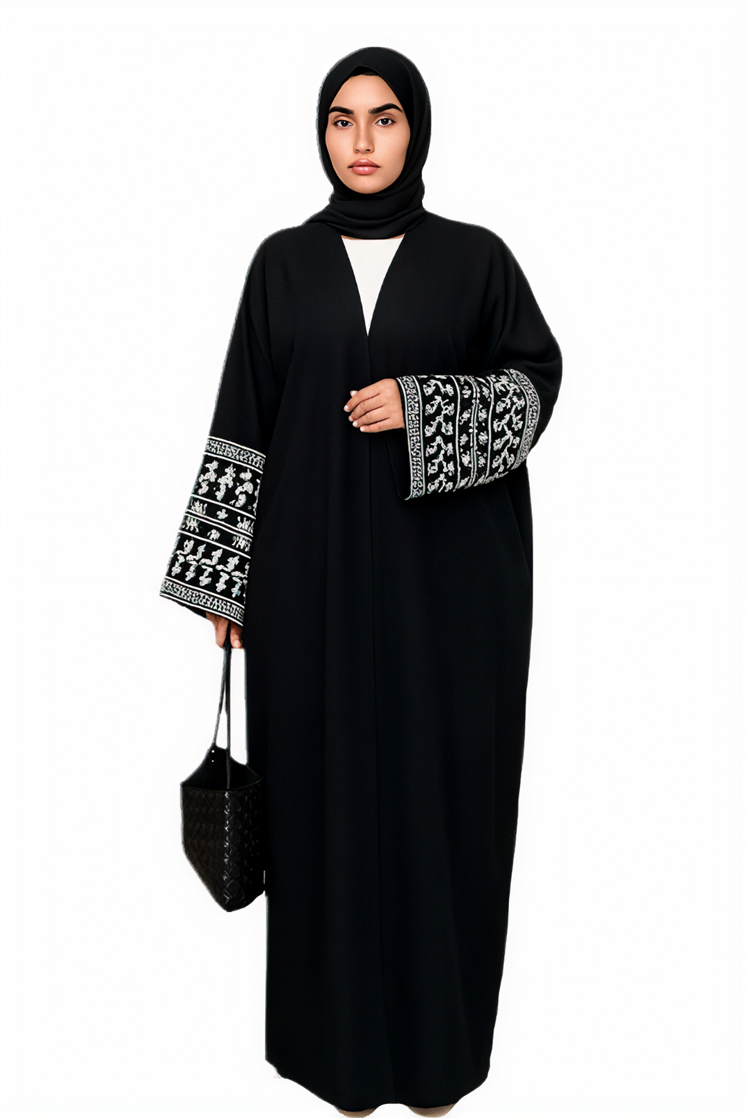 Embroidered Ornate Sleeve Open Abaya Black