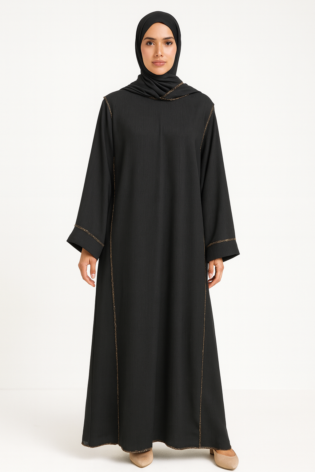Gold Stitch Abaya with Attached Scarf One Size