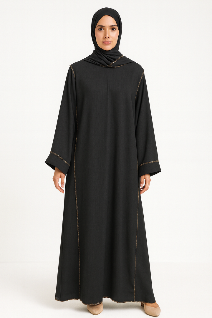 Gold Stitch Abaya with Attached Scarf One Size
