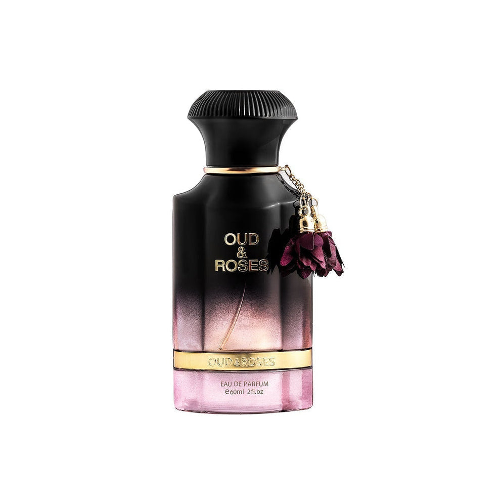 Perfume bottle labeled 'Oud & Roses' on a white background by Ahmed Al maghribi
