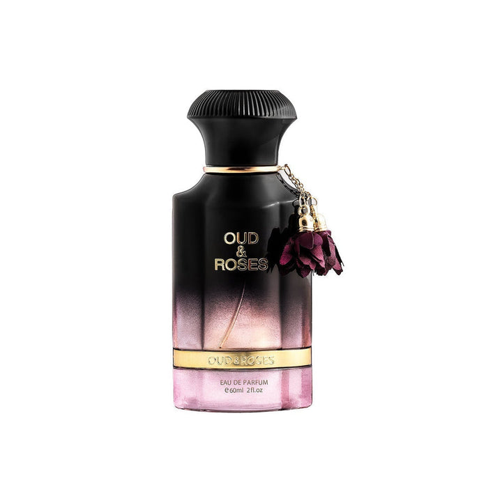 Perfume bottle labeled 'Oud & Roses' on a white background by Ahmed Al maghribi