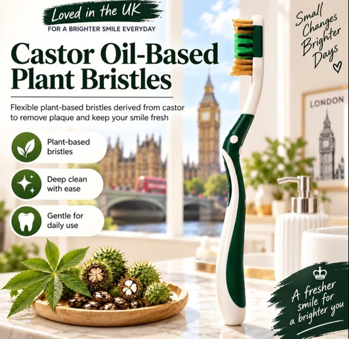 A green and white Castor Oil-Based Plant Bristle toothbrush is shown in a bathroom setting with London landmarks in the background, alongside cosmetic items and castor seeds on a marble surface.