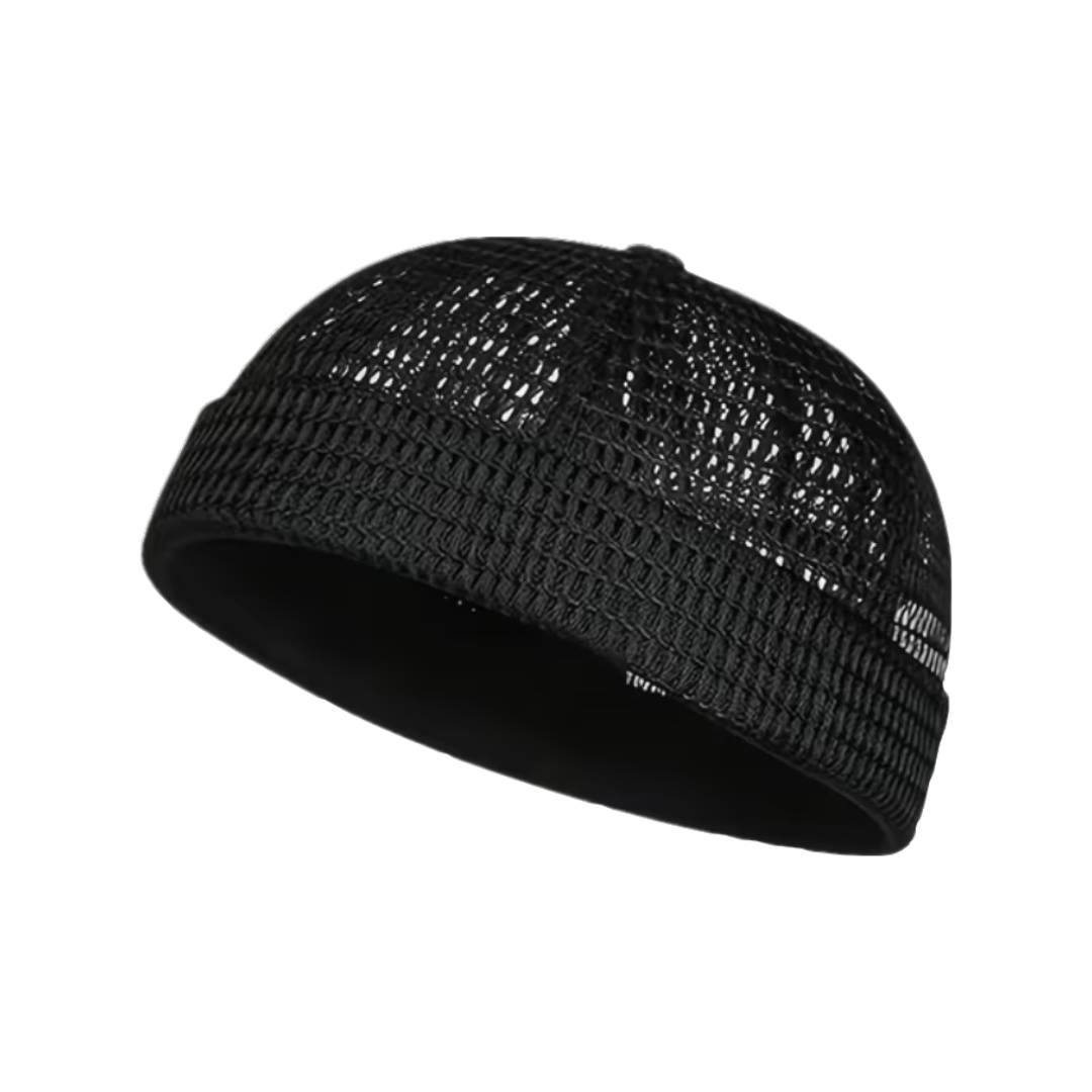 A black knit beanie hat with a textured openwork pattern, shown from a three-quarters angle on a plain white background.
