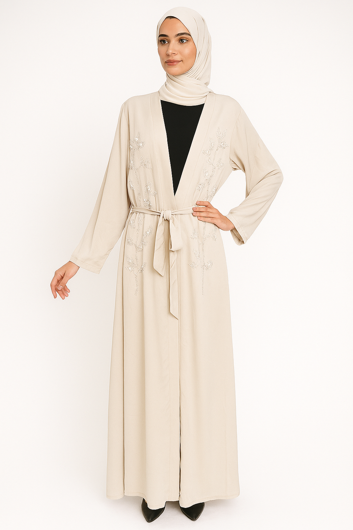 Floral Beaded Open Dress Abaya One Size