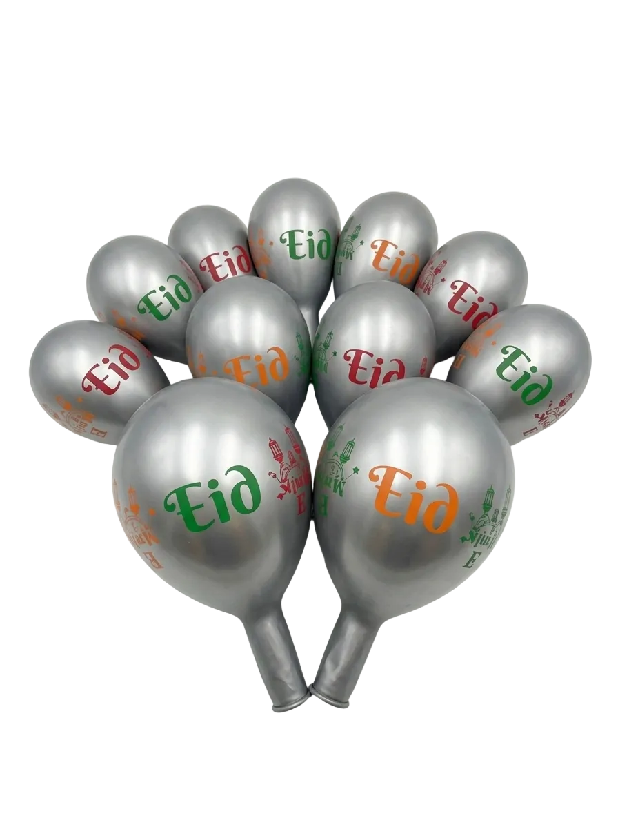 Silver balloons with 'Eid' printed on them against a white background