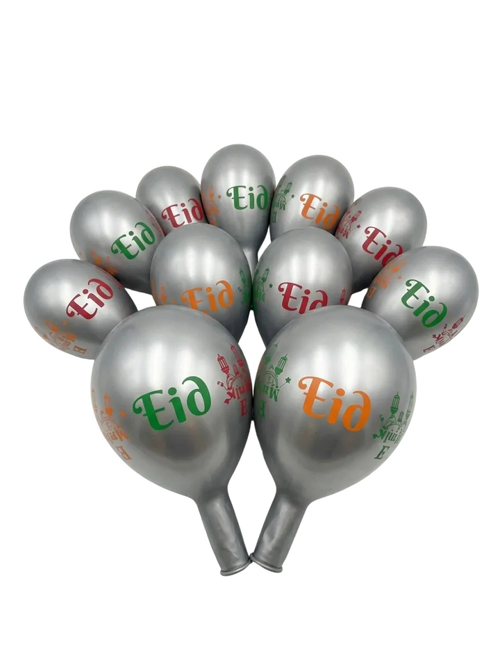 Silver balloons with 'Eid' printed on them against a white background