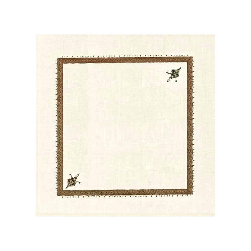 A square cream linen napkin with a decorative brown border and small floral corner accents, shown flat against a white background.