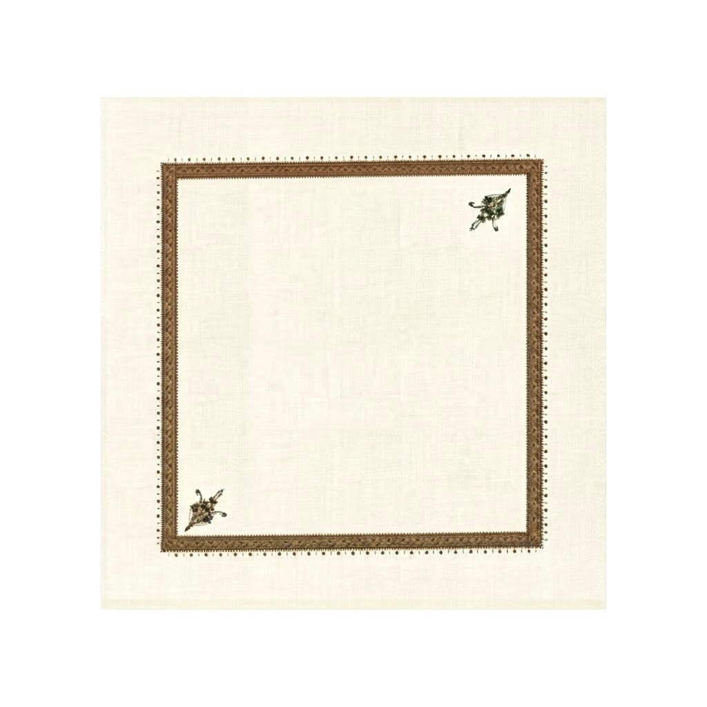 A square cream linen napkin with a decorative brown border and small floral corner accents, shown flat against a white background.