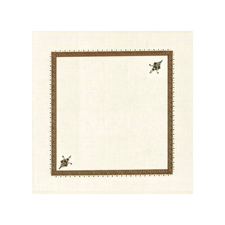 A square cream linen napkin with a decorative brown border and small floral corner accents, shown flat against a white background.