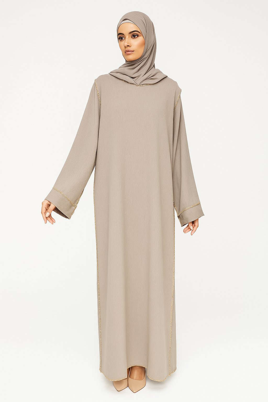 Gold Stitch Abaya with Attached Scarf One Size