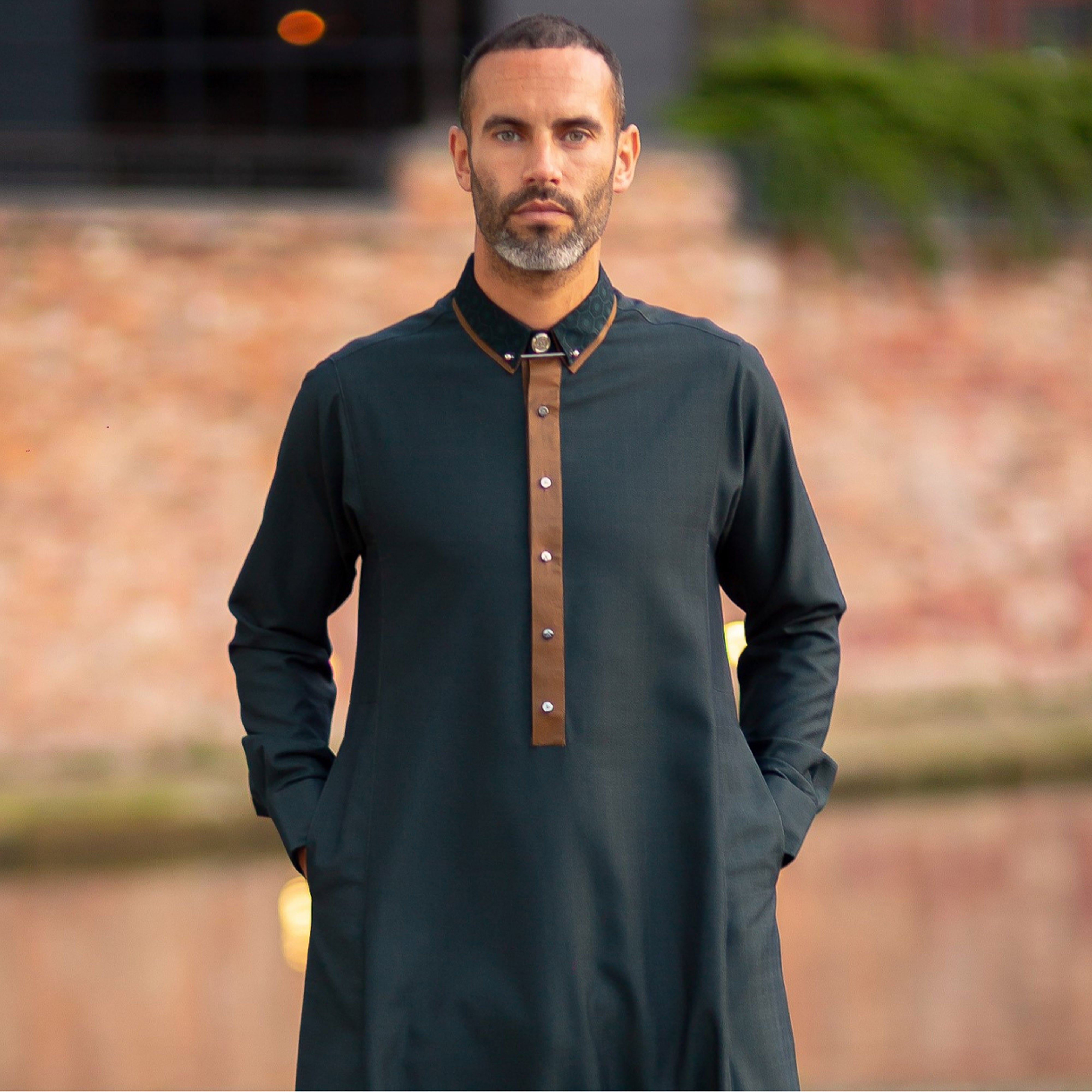 Men s Designer Jubba Al Ameer AA23039 Premium Cotton Thobe Long Sleeve Dark Green Navy Al Aqsa